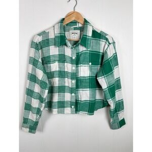American Eagle Women's Small Green Plaid Cropped Flannel Button-Down Shirt